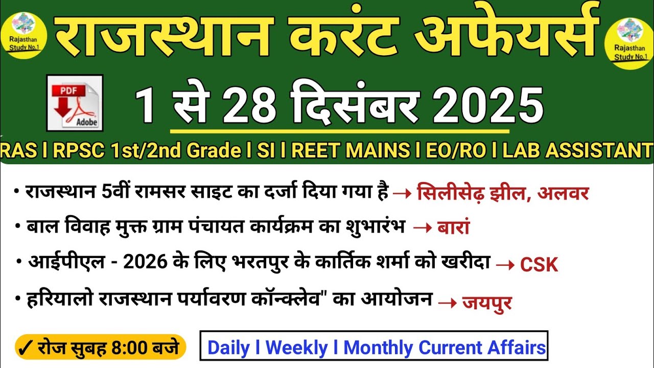 1 To 28 December 2025 Rajasthan Current Affairs in hindi l Monthly Current Affairs l RAS l REET l 