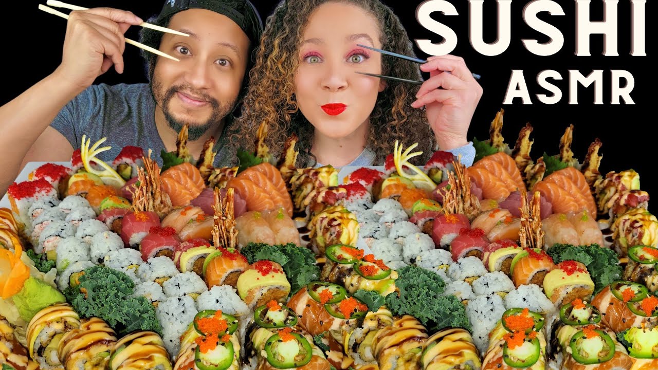 ASMR SUSHI MUKBANG| RAW SALMON, RAW TUNA, ABURI, SUSHI ROLLS | PandaEats ASMR