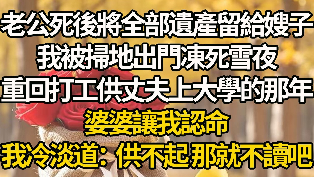 【完結】老公死後將全部遺產留給嫂子，我被掃地出門凍死雪夜，重回打工供丈夫上大學的那年，婆婆讓我認命，我冷淡道：供不起 那就不讀吧#有聲書 #年代