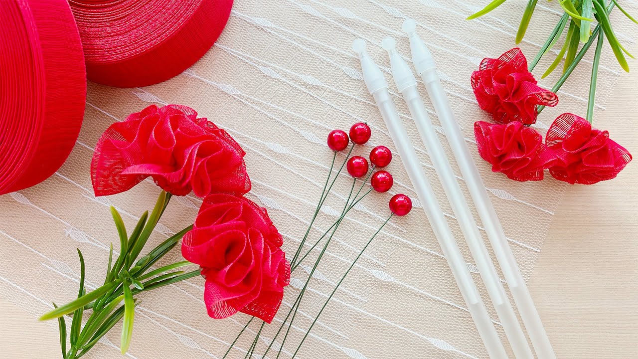DIY, How to Make a Ribbon Carnation Bouquet Pen, Ribbon Art (251)