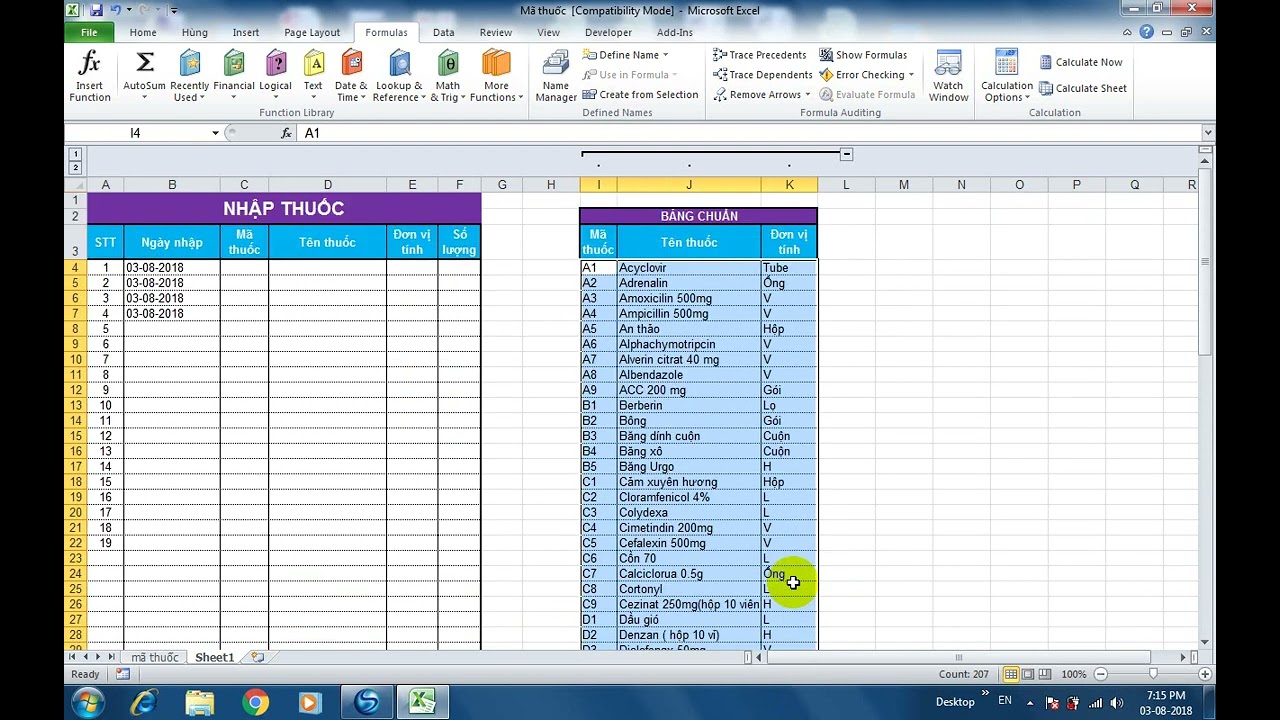Nhập mã ra tên thuốc trong Excel