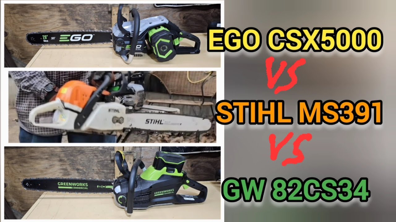 Stihl MS391 gas vs Ego CSX5000 vs Greenworks 82CS34 