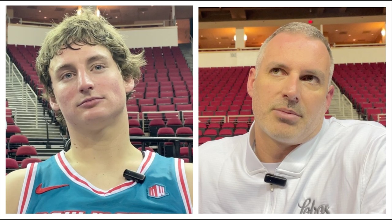 UNM Lobos coach Eric Olen and freshman guard Jake Hall after winning in Fresno State (2/21/26).