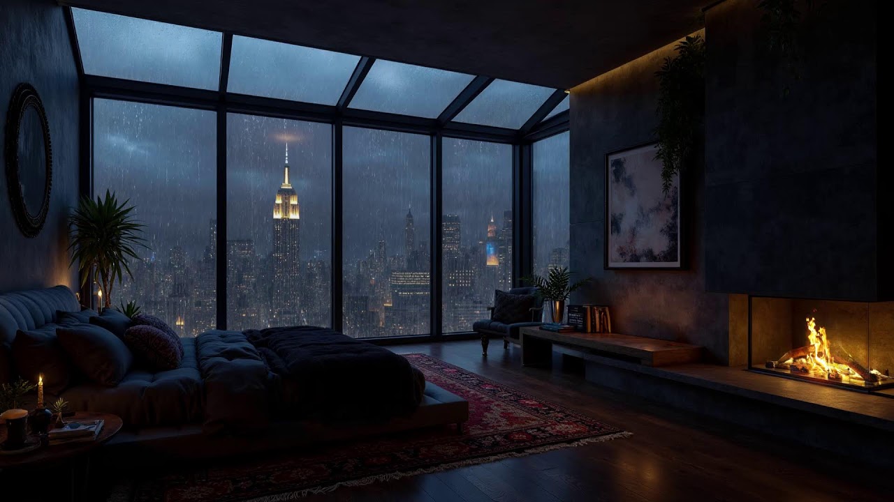 Relaxing Rain at Cozy Apartment With View NYC City 🌧️Rain On Window & Fireplace Sounds For Sleep