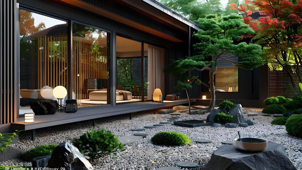 Casas japonesas modernas em preto com jardim asiático na frente.