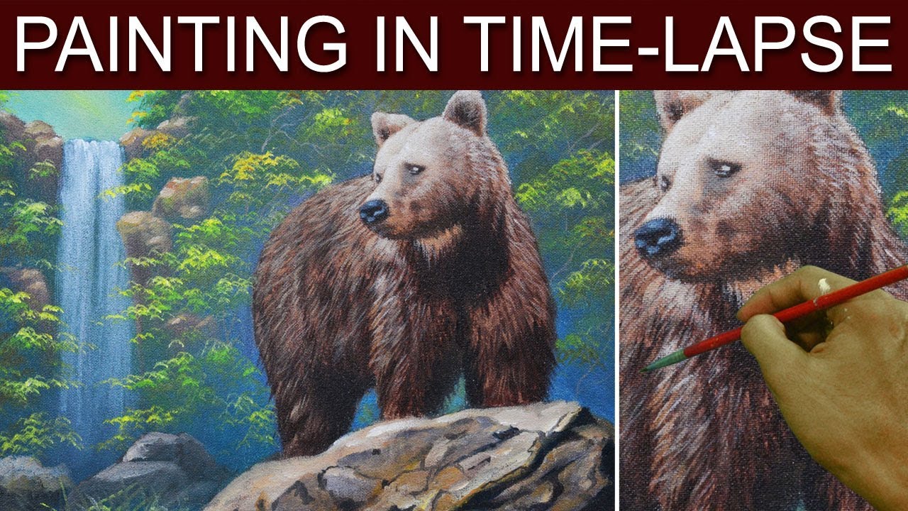 Brown Bear and the Waterfall Acrylic Painting in Time Lapse by JM Lisondra