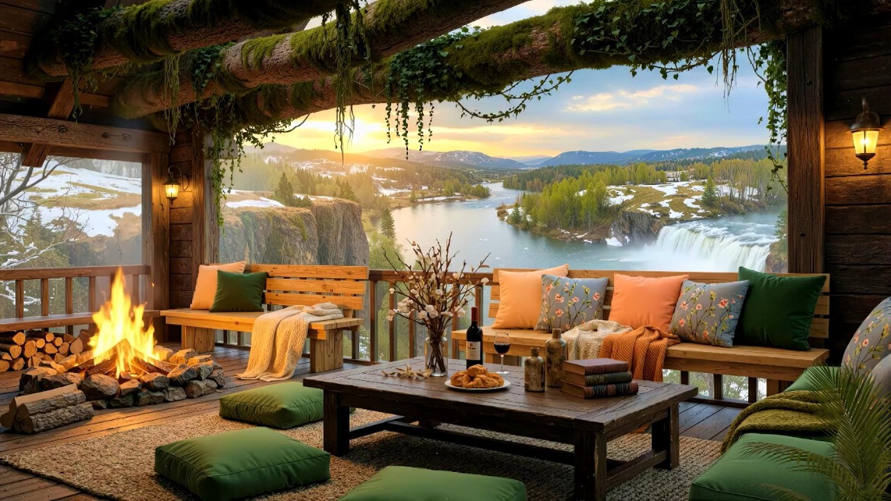 Smooth Jazz Instrumental Music to Unwind | Cozy Spring Retreat Ambience by Waterfall & Warm Campfire