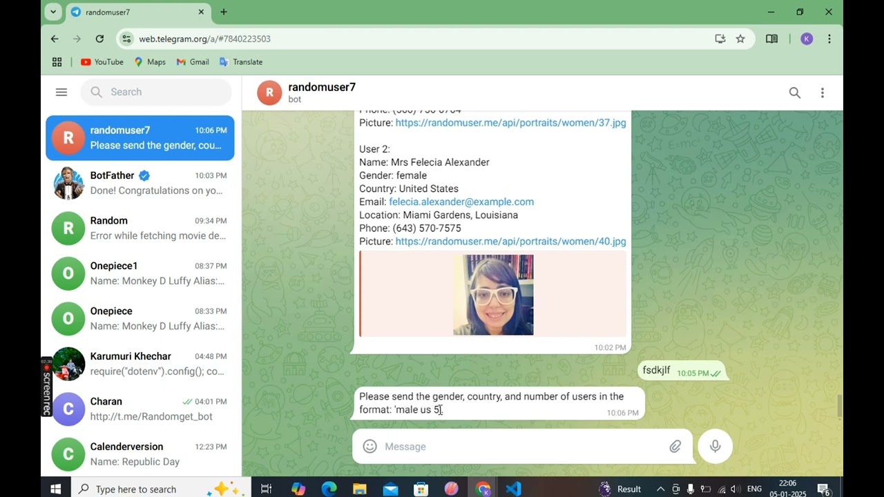 How to create a (Random user details) telegram chat bot  using node js and API