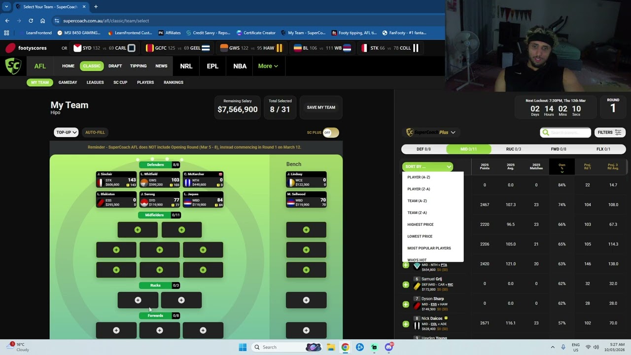 Окончательный состав команды объявлен! AFL Supercoach 2026