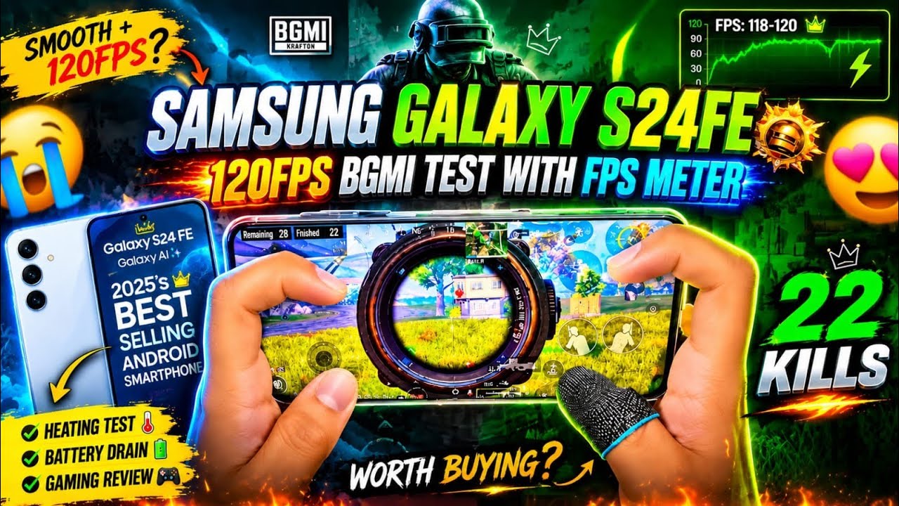 SAMSUNG GALAXY S24FE BGMI 120FPS Gaming Test 🔥 FPS Meter On | | 22 KILLS | 4 FINGER GYRO GAMEPLAY! 