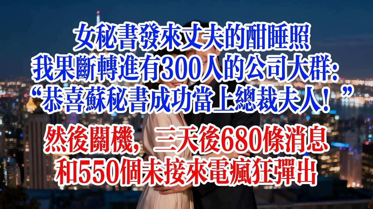 女祕書發來丈夫的酣睡照，我果斷轉進有300人的公司大群：恭喜蘇祕書成功當上總裁夫人！然後關機，三天後，680條消息和550個未接來電瘋狂彈出#故事頻道 #爱情故事 #情感故事 #婚姻 #出軌 #小说