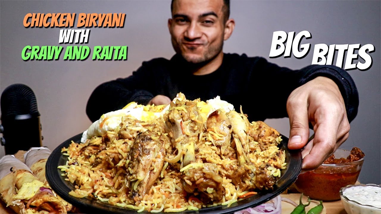 INDIAN Chicken Biryani With Gravy, Raita, Eggs, Chicken+Egg Kathi Roll | MUKBANG