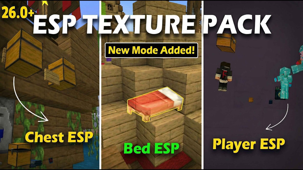 ESP Texture Pack for minecraft bedrock & pe 26.0+  | Chest, Mobs, Beds, etc