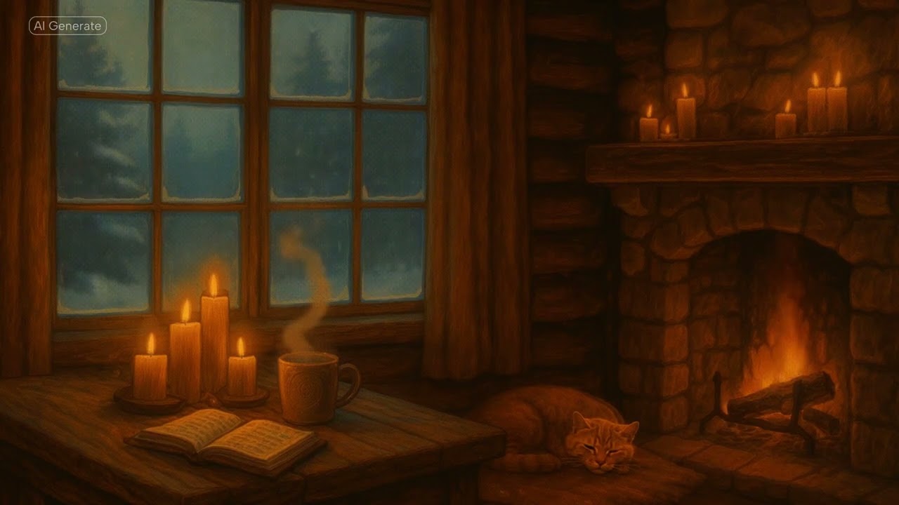 Cozy Winter Cabin w Crackling Fireplace 🔥 | Relaxing Snowfall, Reading with Cat by the Fire Ambience