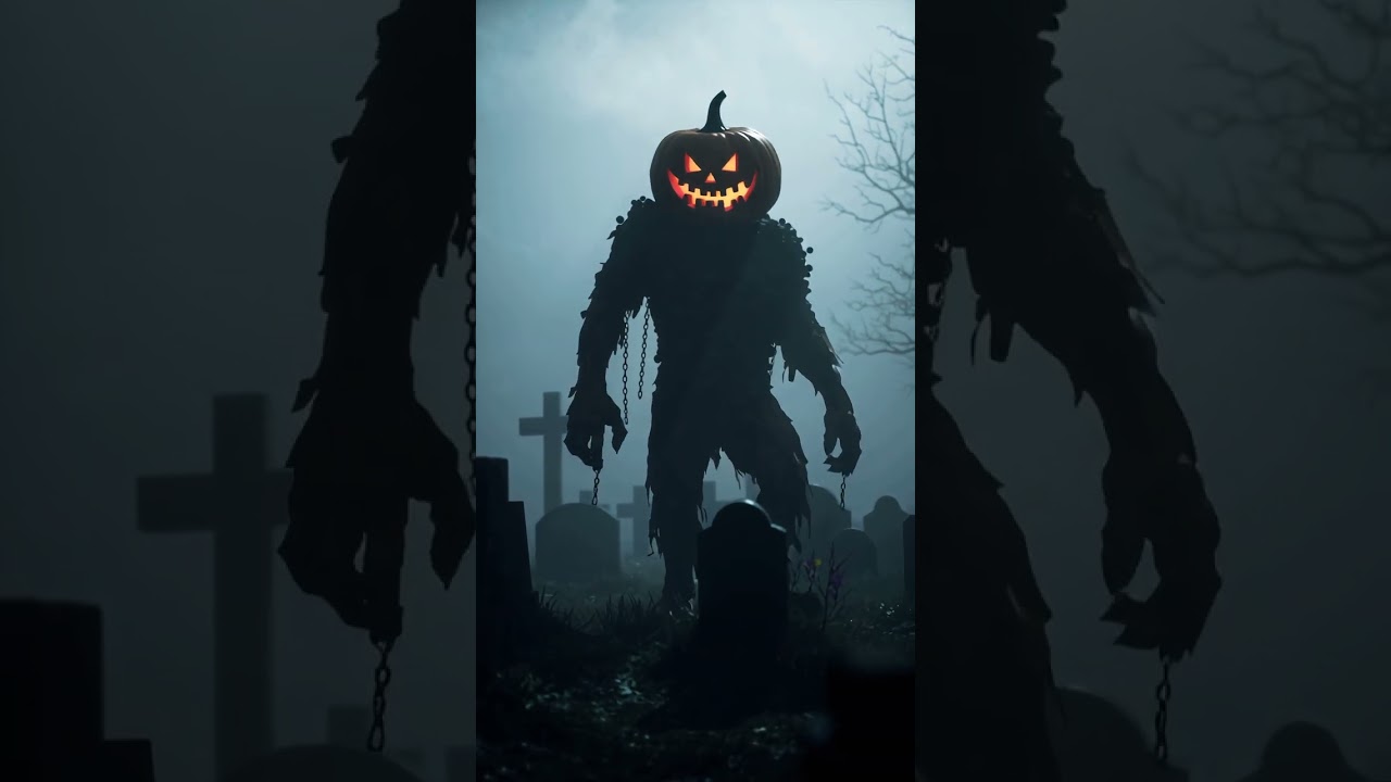Terrifying Pumpkin Monster in Foggy Cemetery | Horror Cinematic Clip