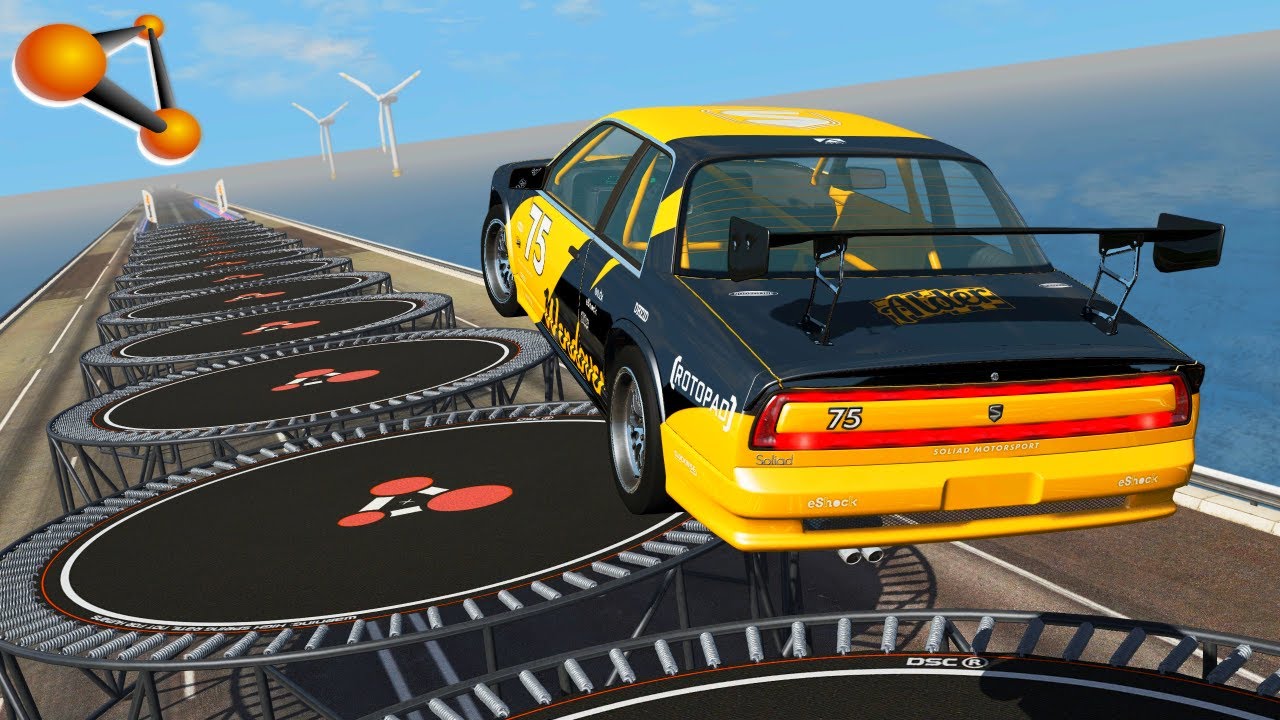 BeamNG.drive - Cars Jump From Heights Onto Giant Trampolines