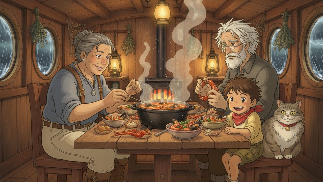 Stormy Night in a Sunken Ship 🌧️ Giant Seafood Stew by Lantern Light   Ghibli ASMR