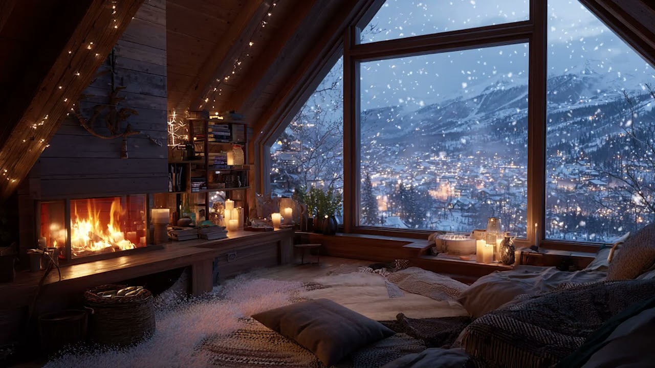 Cozy Snowstorm Cabin Piano Night | Warm Fireplace for Relaxation