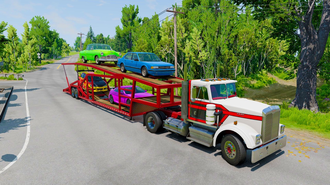 Double Flatbed Trailer Truck vs Speedbumps Train vs Cars | Tractor vs Train Beamng.Drive