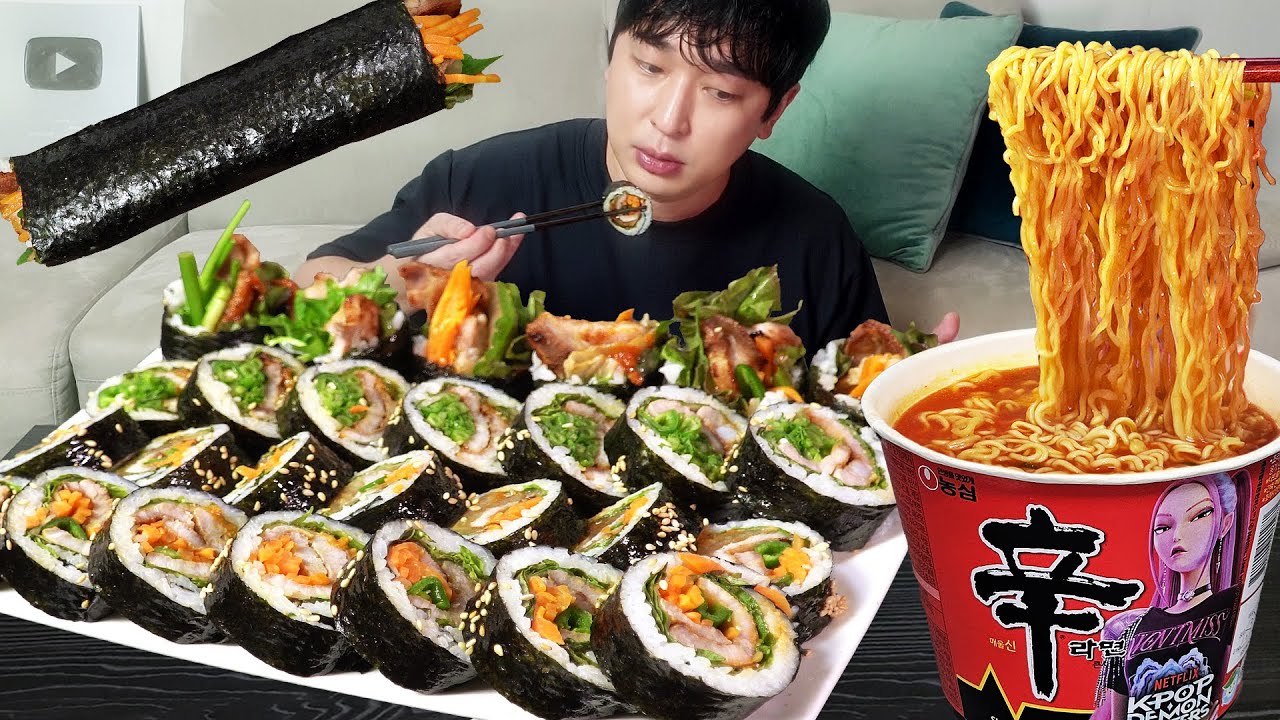 Домашний кимбап! И острый рамен! MUKBANG REALSOUND ASMR EATINGSHOW