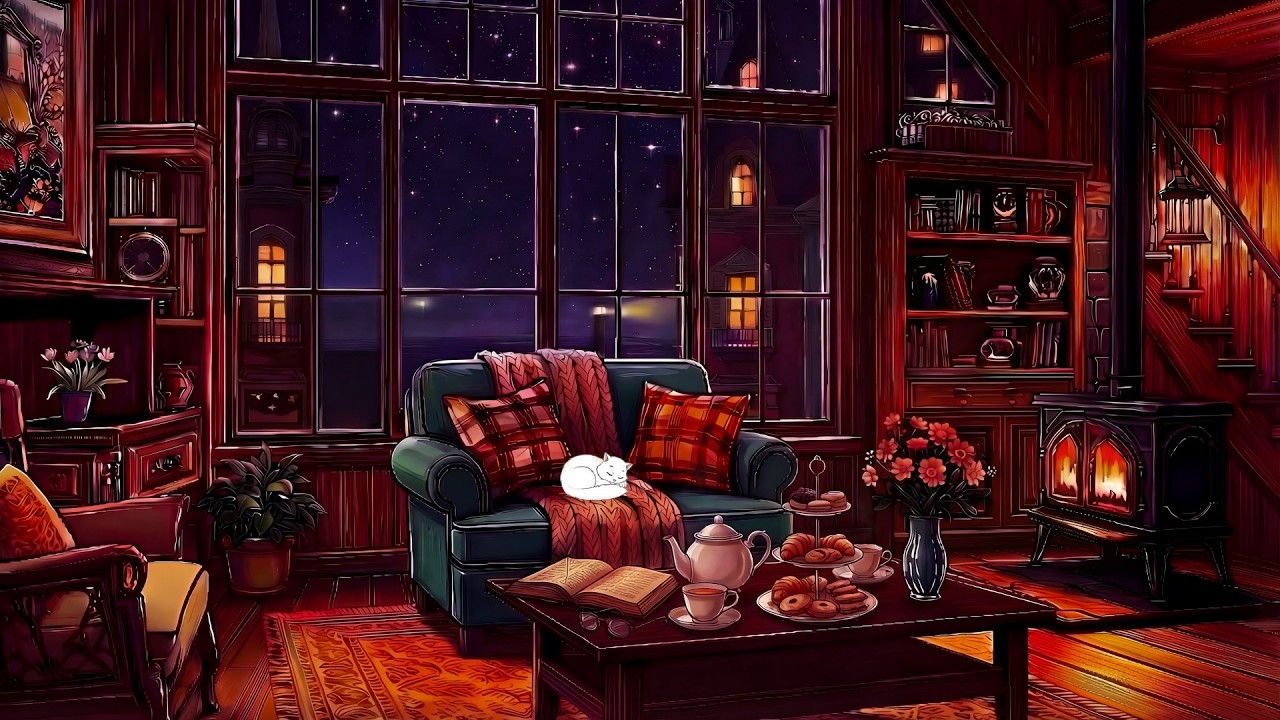 Vintage Oceanfront Living Room | Oldies Playing in Another Room (Cozy Fireplace Night)