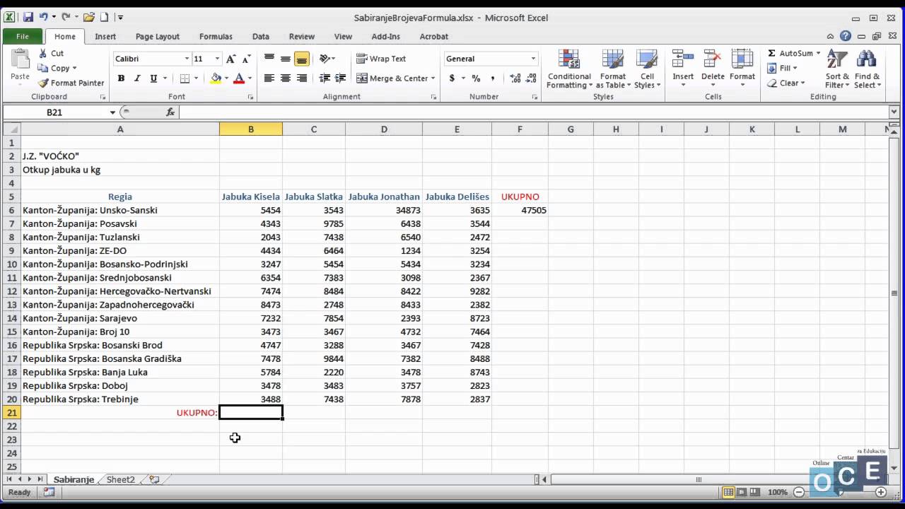 Kako sabrati brojeve pomoću formule (Excel 2010)