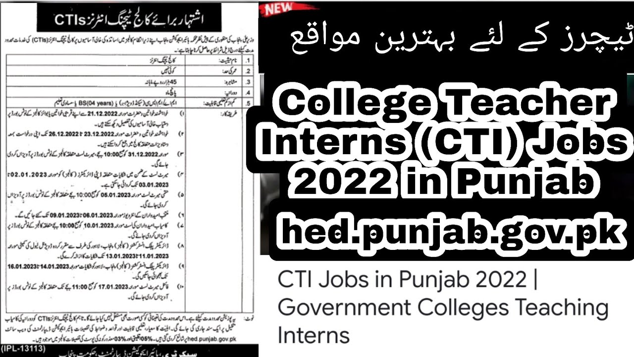 College Teacher Interns (CTI) Jobs 2022 in Punjab| hed.punjab.gov.pk