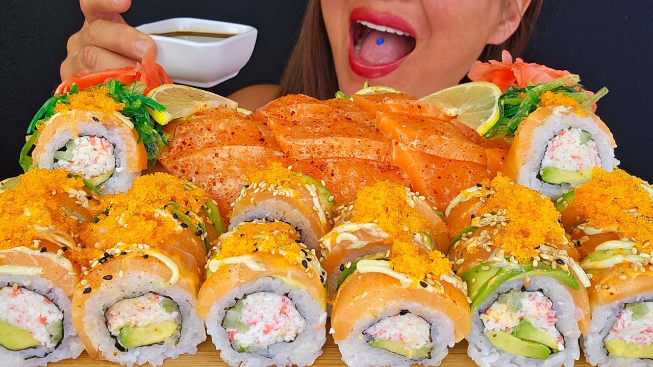 SALMON SUSHI LOVERS DREAM!  SUSHI ROLLS SASHIMI ASMR MUKBANG OMAD EATING NOISES BIG BITES SEAFOOD