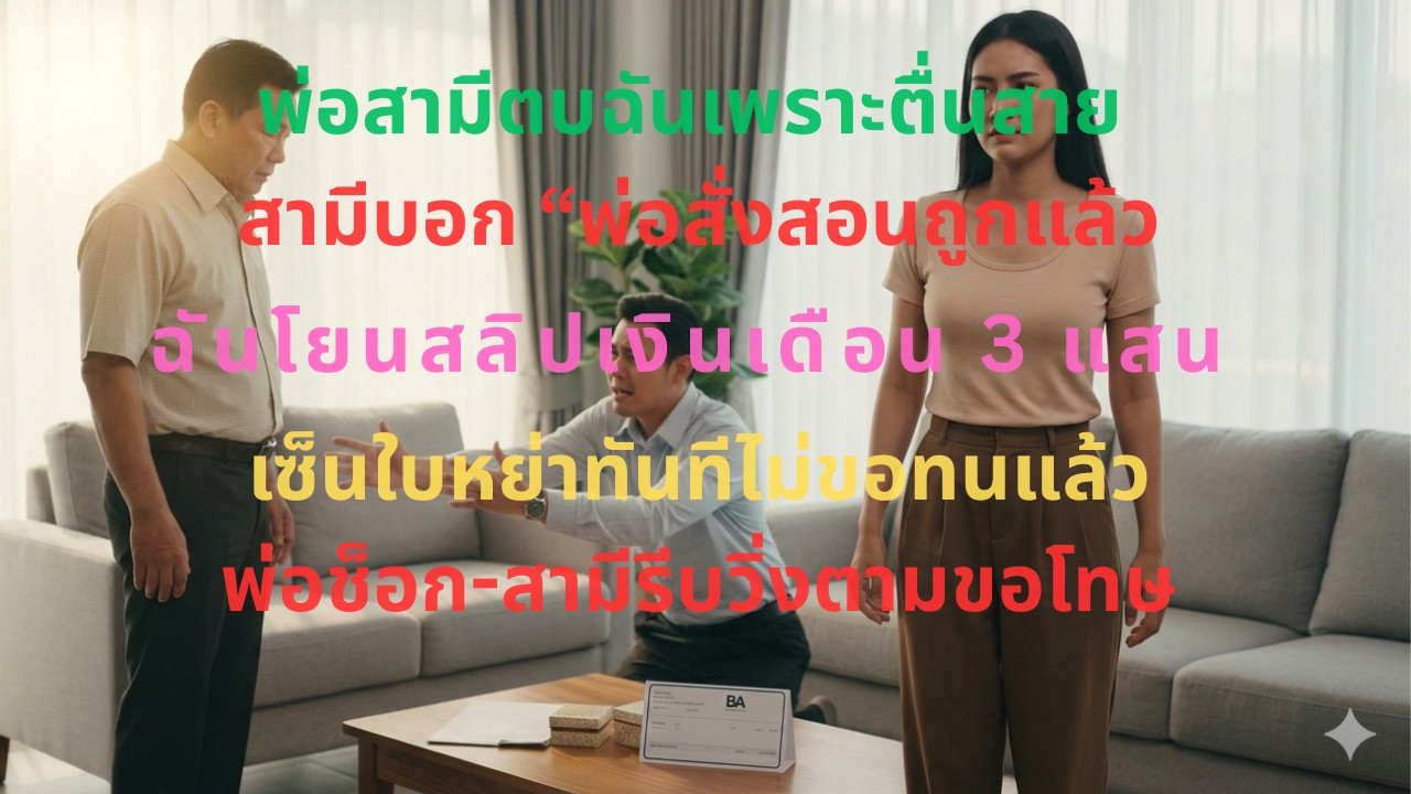 พ่อผัวตบหน้าเพราะตื่นสาย ผัวซ้ำเติม! โยนสลิป 3 แสนใส่หน้า เซ็นใบหย่าทันที พ่อลูกหน้าซีดกราบขอโทษ