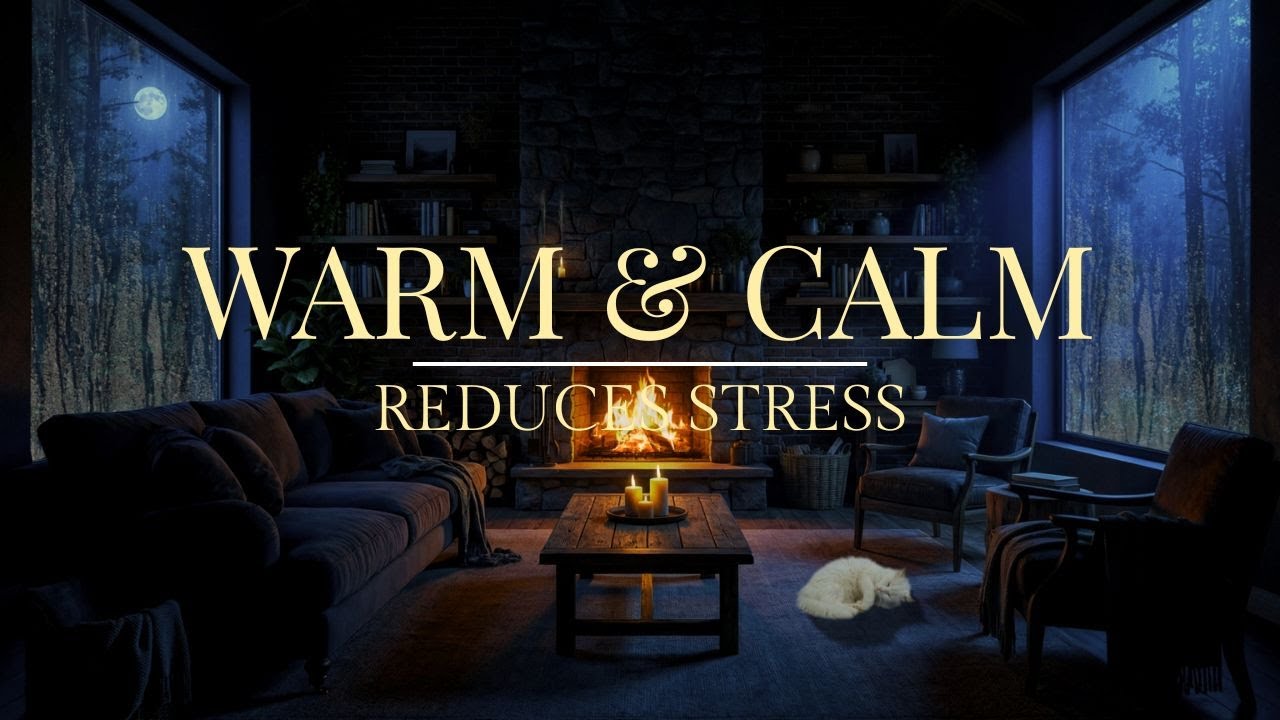 Soft Rainy Night in Cozy Cabin with Fireplace for Insomnia Relief