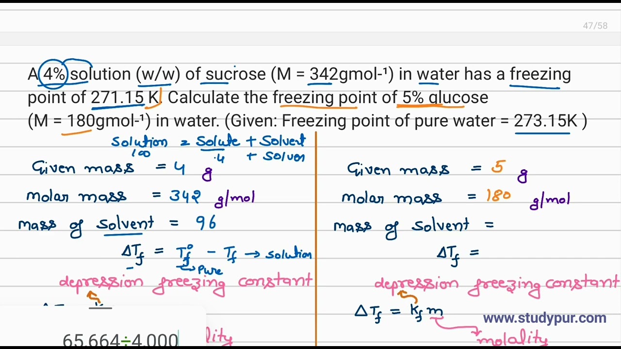 A 4% solution (w/w) of sucrose (M = 342gmol-¹) in water has a freezing point of 271.15 K. Calculate