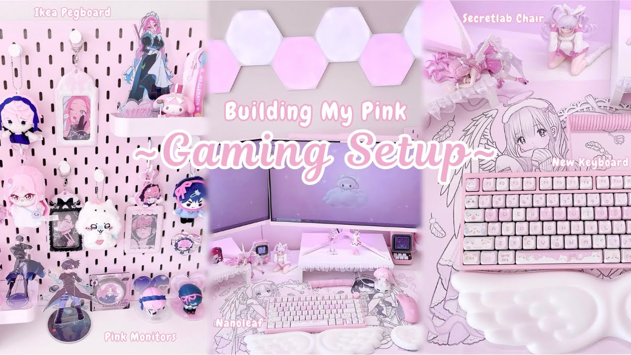building my dream gaming setup ♡ pink desk makeover | new monitors, chair, keyboard, nanoleaf | vlog