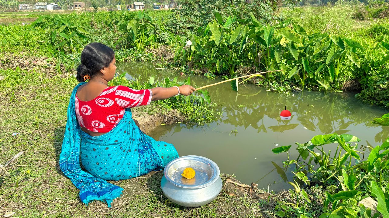 Fishing Video || Beautiful lady is unique fishing in village canal with hook || Best Hook fishing