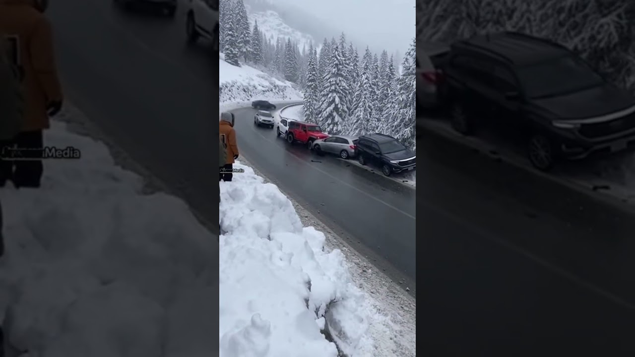 Multiple Cars Slide Into Pileup on Icy Mountain Hairpin Turn 🚧