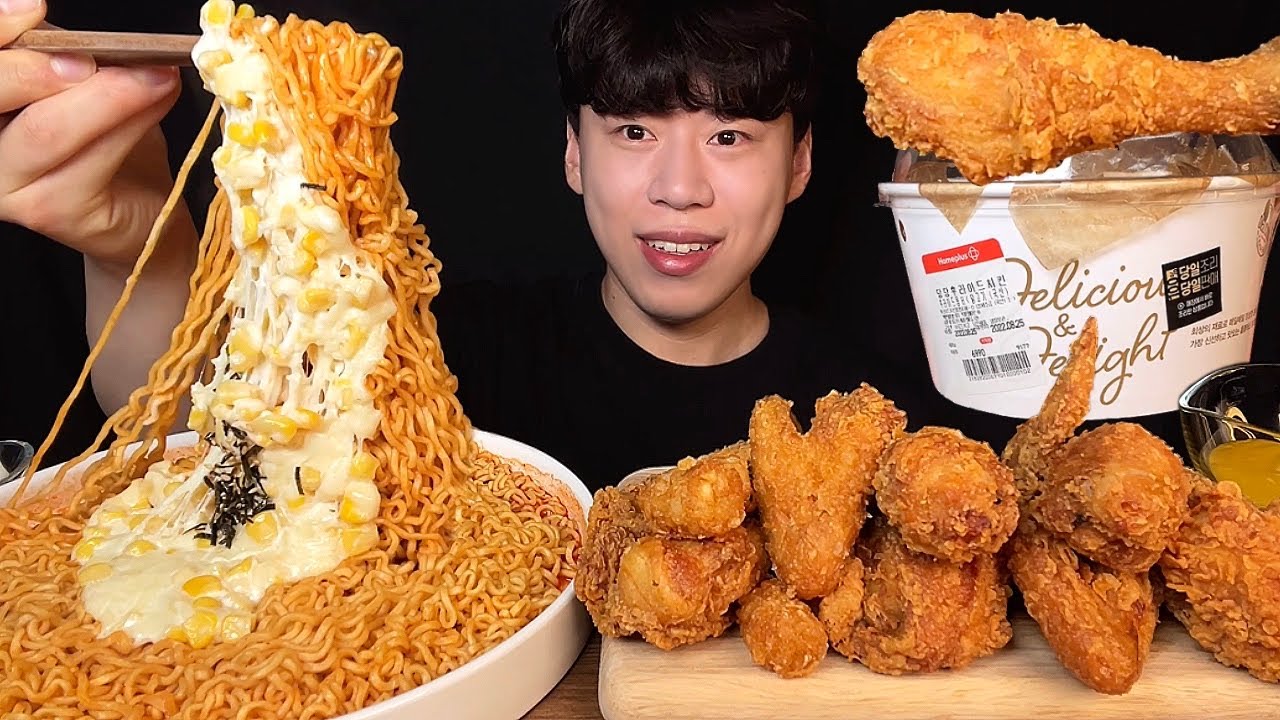 SUB) Шоу поедания бульдака с жареной курицей и кукурузным сыром по-корейски│chicken mukbang asmr