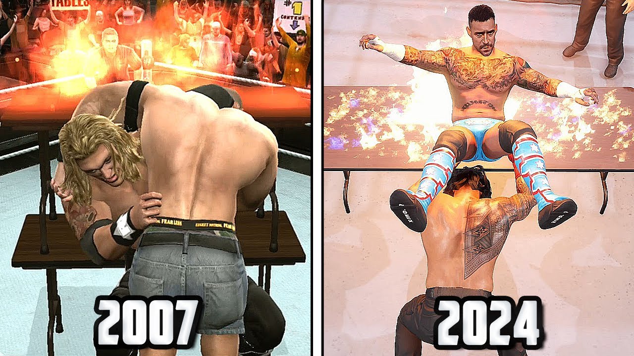 Уничтожение горящего стола в каждой игре WWE! (2007 - 2024)