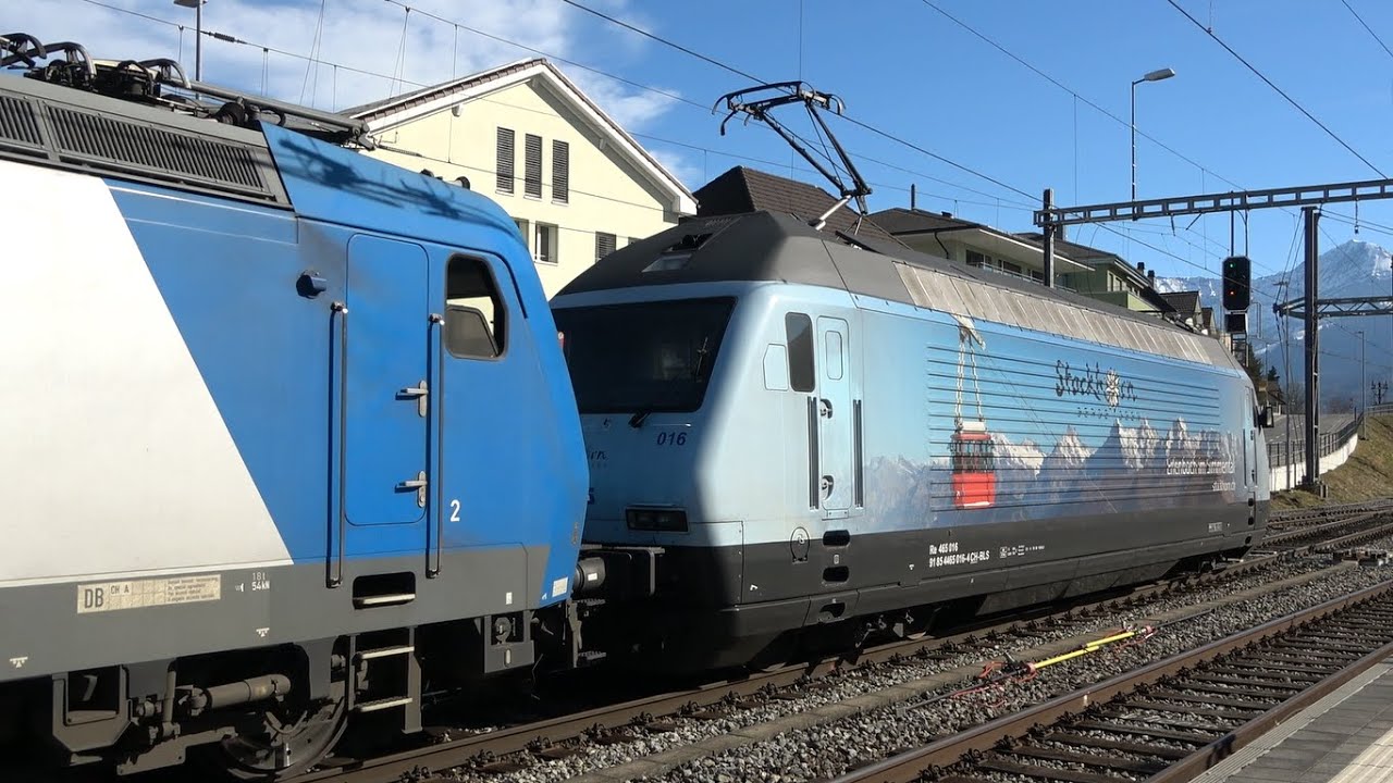 BLS Cargo Re 465 016 & BR 185 536 mit CargoBeamer in Spiez