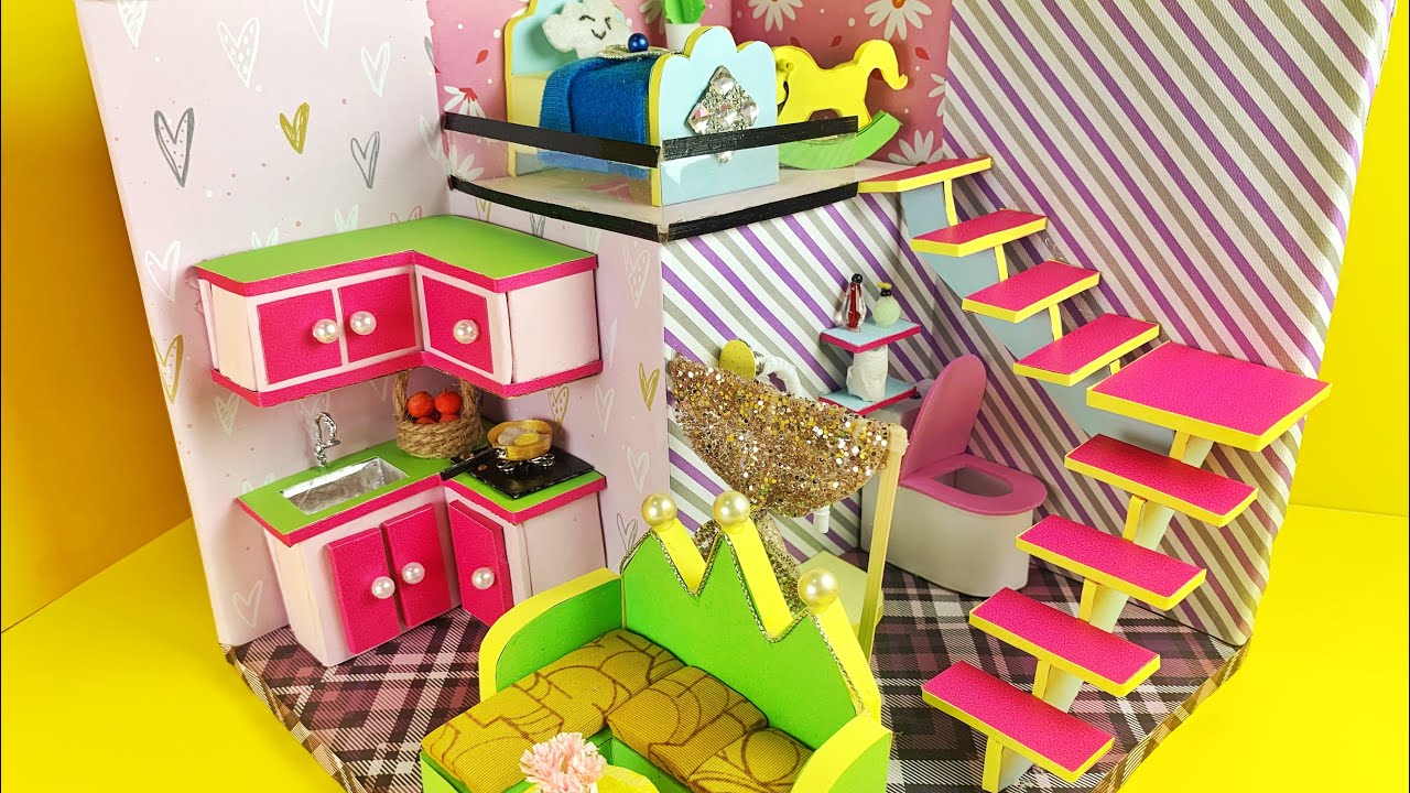 DIY Miniature Cardboard House #2 ❤️  With Bedroom, Bathroom, Living Room and Kitchen