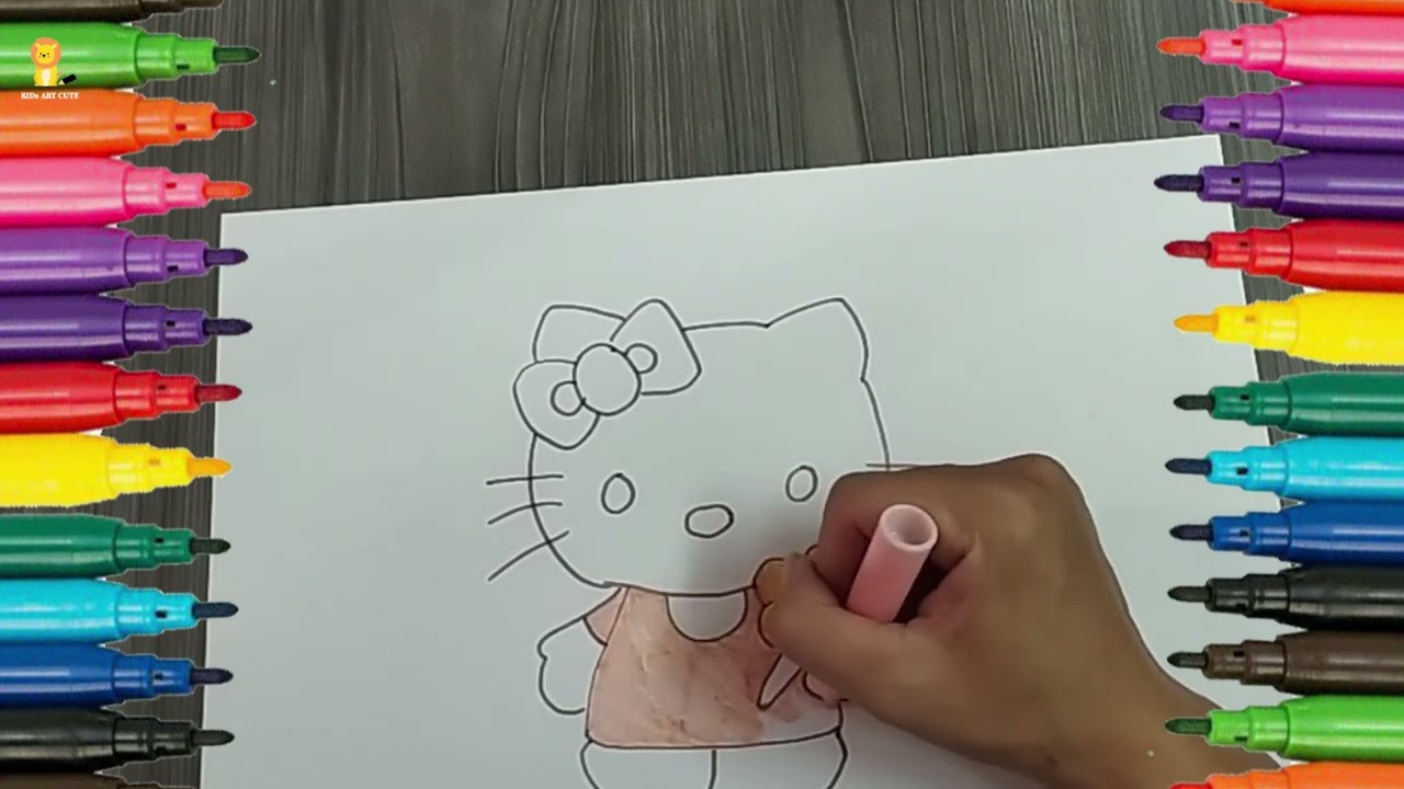 Hello kitty - Vẽ t&ocirc; m&agrave;u hello kitty cầm hoa #tomau #kidsartcute #tomauchobe
