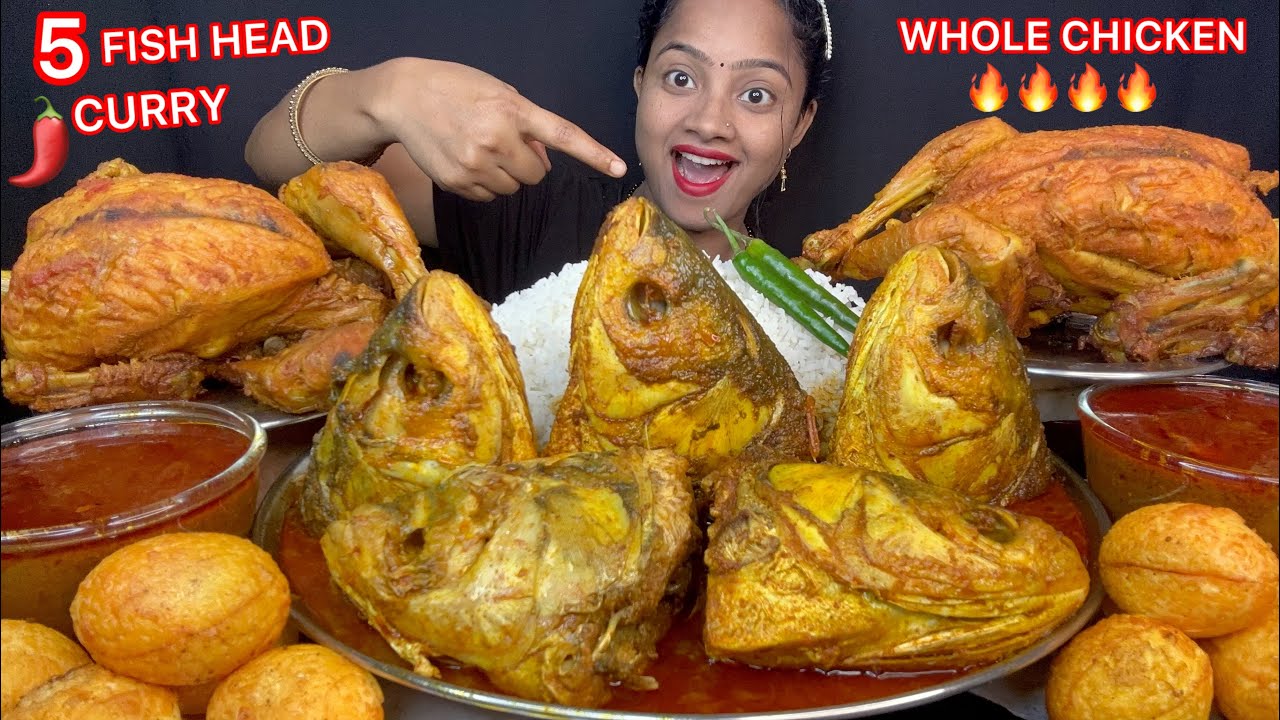 5 BIG FISH HEAD CURRY 😱2 BIG WHOLE CHICKEN CURRY, MASALA EGG WITH RICE EATING 🔥 BIG BITES 🌶️ FOOD 😋