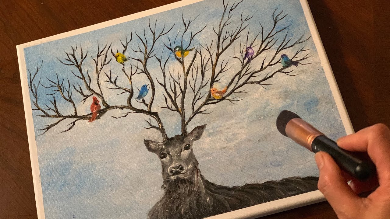 Deer Tree/How to Use a Abandoned Makeup Brush to Paint/Easy Acrylic Painting Tutorials for Beginner