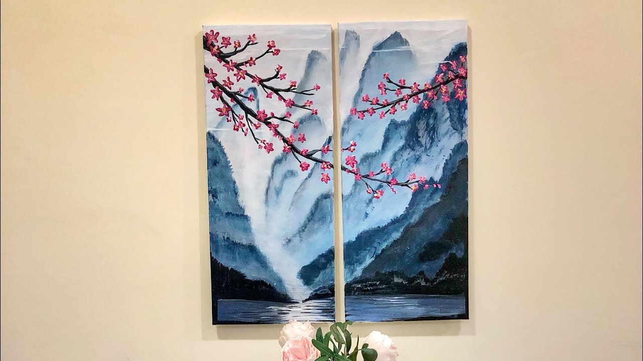 2 piece canvas: simple and easy acrylic painting decor idea. Cherry blossom, Sakura #paintingideas