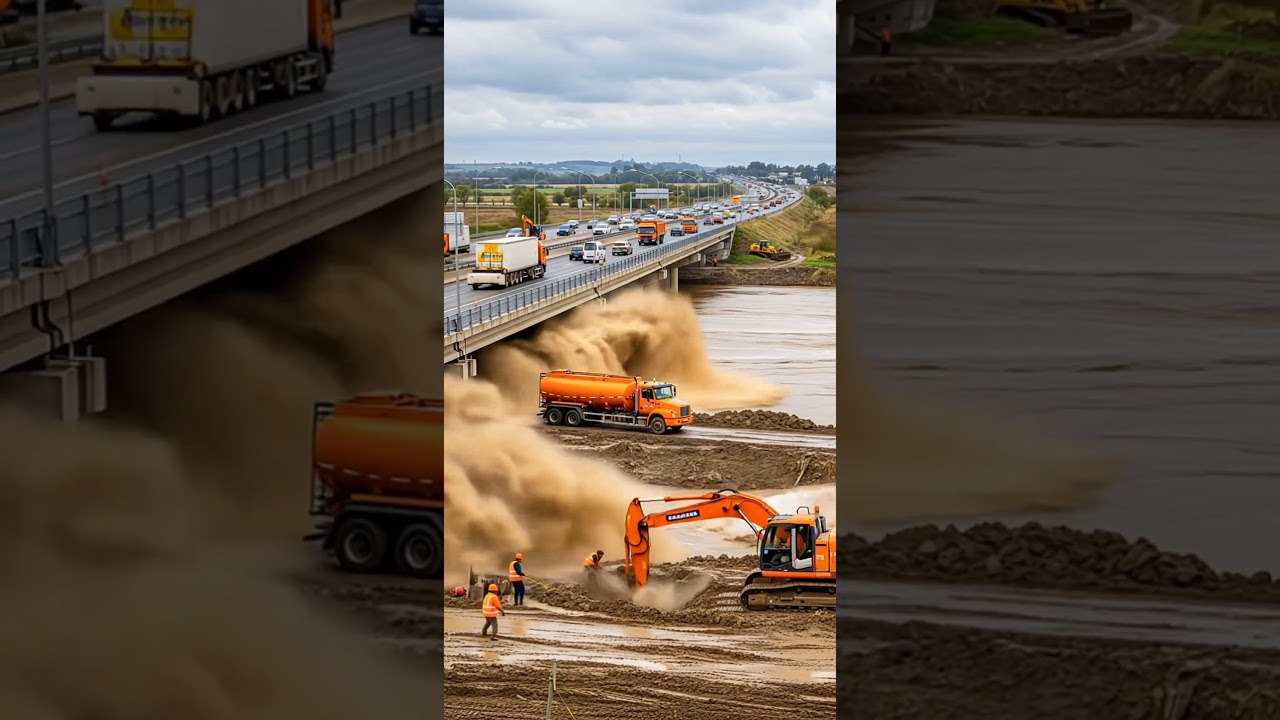 Terrifying Flash Flood! Excavator & Truck Swept Away!