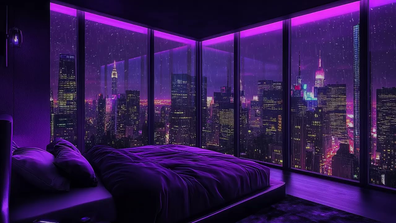 Gentle Rain Over a Dazzling City Skyline | Cozy Penthouse Bedroom with Glass Wall | Deep Sleep