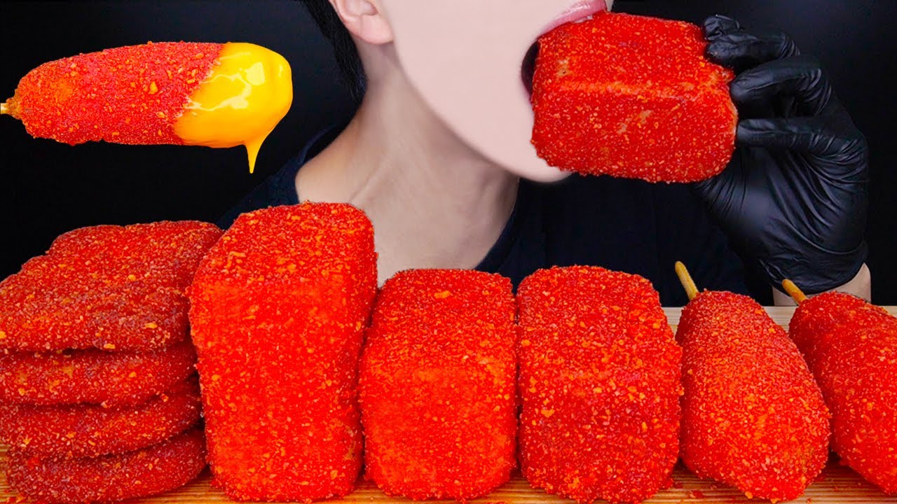 ASMR CHEESY HOT CHEETOS SPAM CORN DOGS HASH BROWN MUKBANG 치토스 통스팸 먹방 チートス スパムホットドッグ咀嚼音 EATING SOUNDS