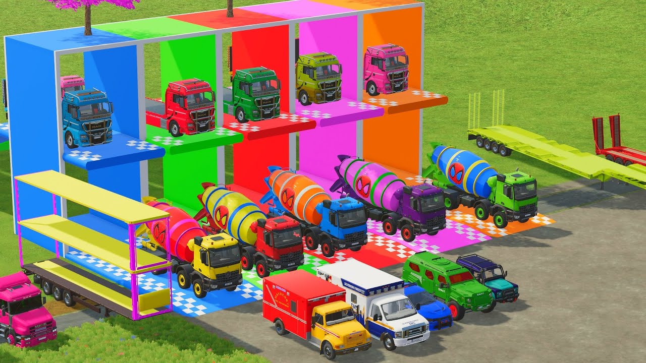 TRANSPORTING DUMP TRUCK, EXCAVATOR, BULLDOZER, POLICE CARS TO GARAGE WITH MAN TRUCK - FS22 FARMING