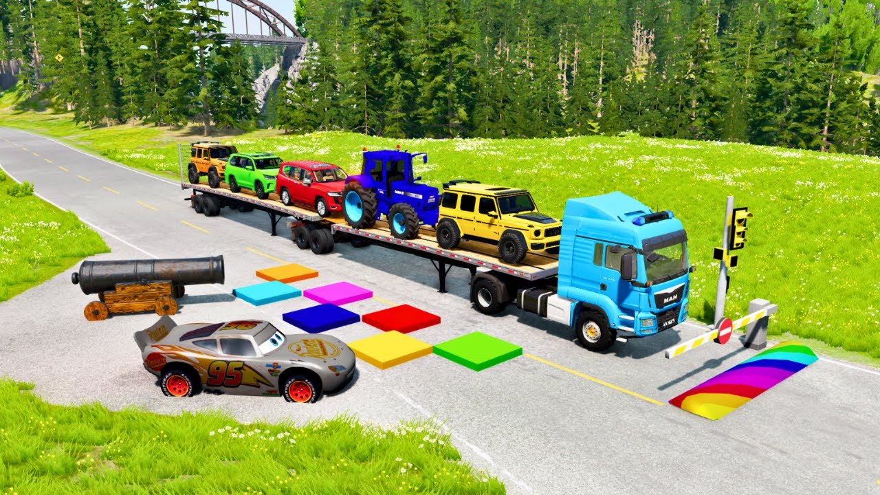 Four Trucks Transporting cars with Flatbed Trailers | Cars vs Speedbump vs Train vs Pothole #0004