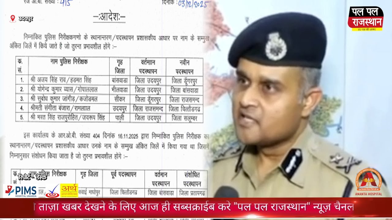 Udaipur रेंज IG ने किए 13 पुलिस निरीक्षकों के तबादले, पूर्व आदेशों में भी फेरबदल