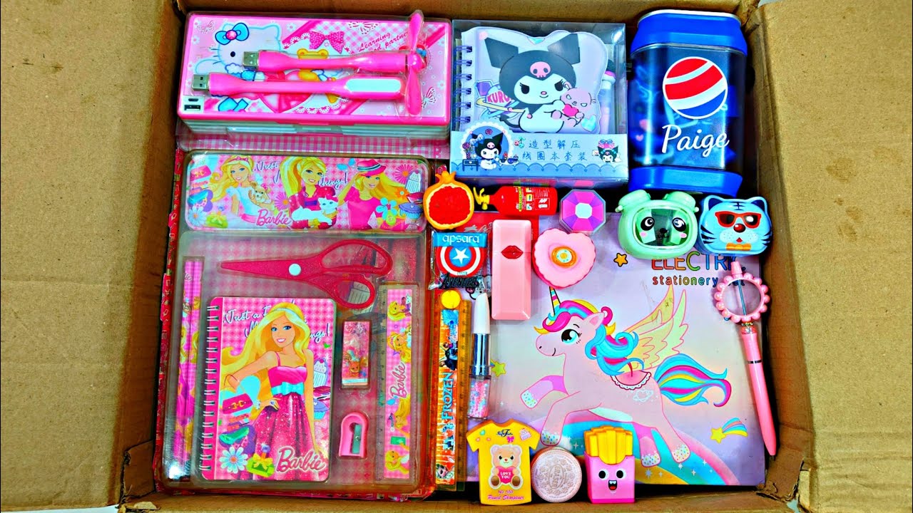 Unboxing Colourful Fancy Stationery, Pencil Box, Princess Kit, Sharpener, Eraser, Pen, Notebook