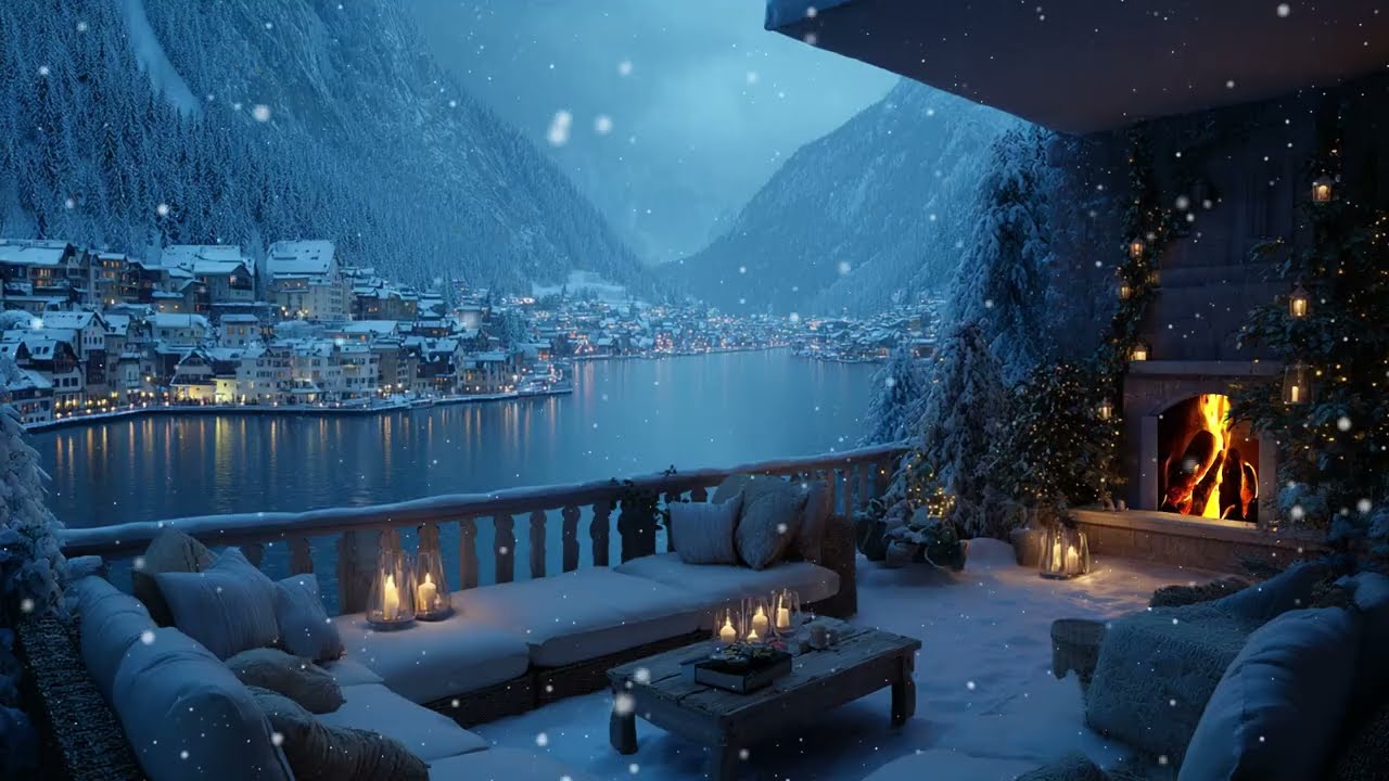 Winter Balcony Snowfall With Fireplace Crackle And Peaceful Piano Tones Leading You Into Deep Rest